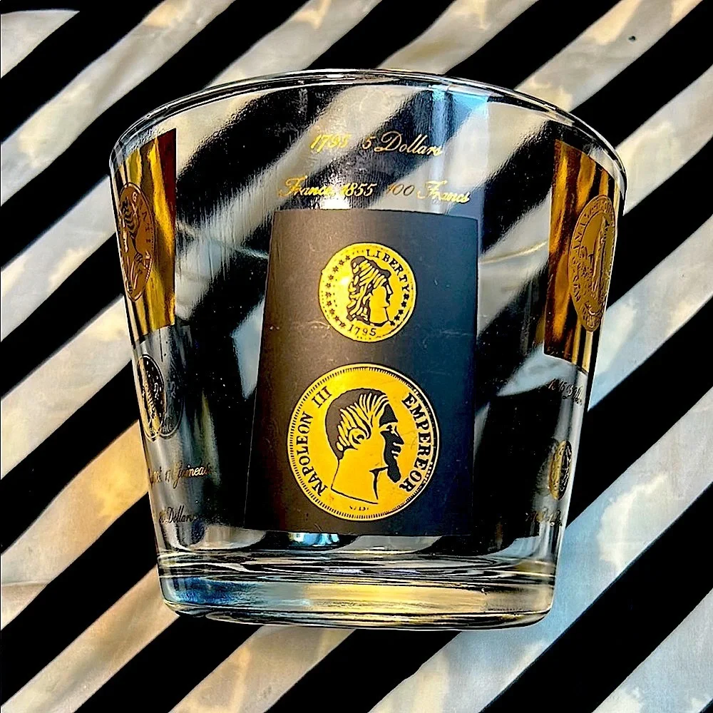 Vintage‎ MCM Cera Glass Ice Bucket with Stand– Gold/Black Coin Design